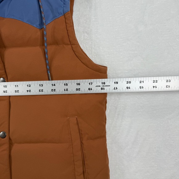 Patagonia Womens Bivvy Down Vest‎ Hooded Puffer Brown Blue Snap Front Sz S READ - Picture 2 of 15